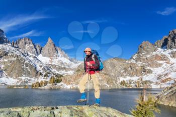 Man with hiking equipment walking in Sierra Nevada  moutntains,California,USA