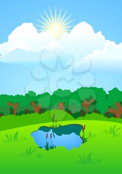 Royalty Free Clipart Image of a Puddle by a Forest