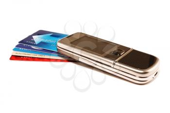 Phone and some credit cards on a white background