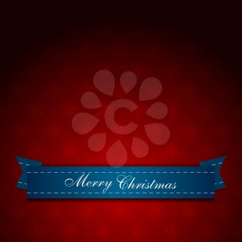 Vintage red Christmas greeting card with snowflakes and blue ribbon. Vector design