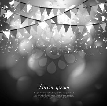 Party flags celebrate abstract background with confetti. Vector dark design