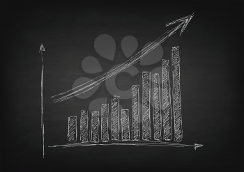 Growing graph hand drawing with arrow on black chalkboard. Vector design