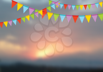 Party flags celebrate abstract background and sunset landscape. Vector design