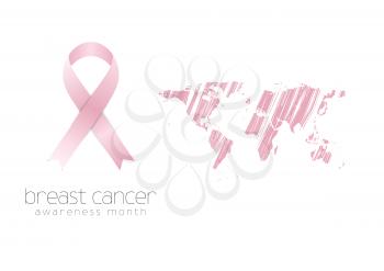 Breast cancer awareness pink ribbon and grunge map. Vector background