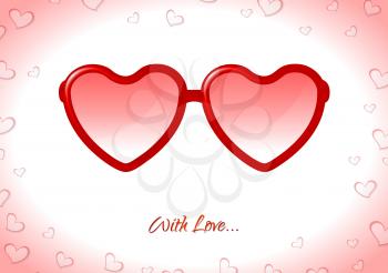 Red sunglasses with heart shapes on white background. Vector illustration for Valentine Day greeting cards, flyers, brochure, web graphic design