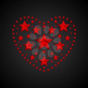 Heart shape symbol made of red stars on black background. Happy Valentine Day vector graphic design