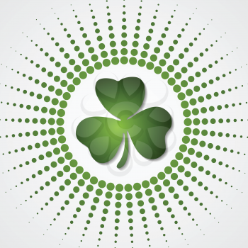 Green shamrock clover and halftone beams background. St. Patrick Day vector design