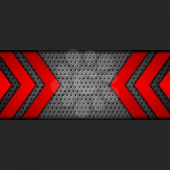 Metal tech perforated background with red arrows. Vector design