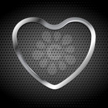 Metallic heart on perforated background. Silver heart icon. Love symbol chrome style. Dark grey heart vector design