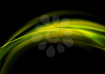 Green smooth glowing waves on black background. Blurred curved vector graphic design. Corporate abstract waves illustration