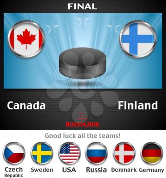 Final of the world championship hockey background with black puck. Vector graphic winter sport design