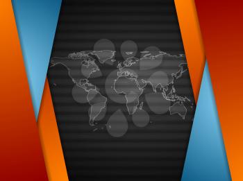 Bright corporate material abstract background with world map. Black striped vector backdrop