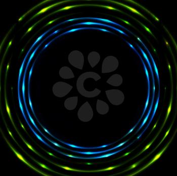 Blue green glowing circles background. Vector neon round circle shape glowing design