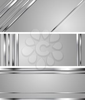 Minimal abstract technology silver vector headers. Metallic stripes on grey backdrop. Hi-tech chrome metal banners