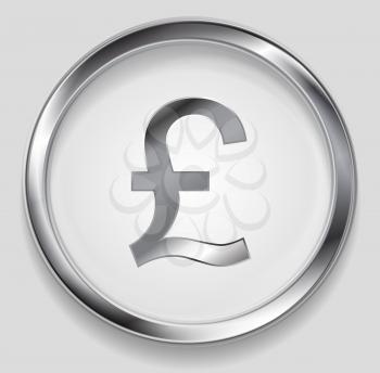 Concept metallic pound symbol logo in round button. Vector silver background