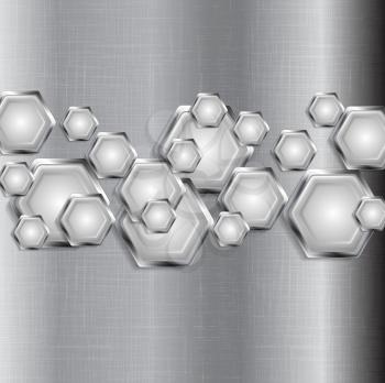 Abstract tech grey background with metal hexagons. Vector graphic design