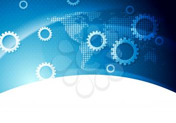 Bright blue technology background with gears and dotted world map. Vector illustration