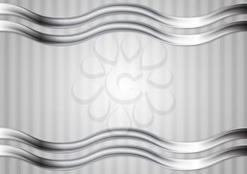 Minimal tech metallic abstract elegant wavy background. Silver metal waves on grey backdrop. Hi-tech metallic striped illustration