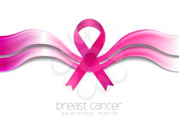Breast cancer awareness month. Smooth silk pink waves and ribbon tape design. Vector health background
