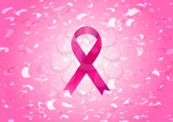 Breast cancer awareness month. Silk pink ribbon and confetti. Abstract vector background