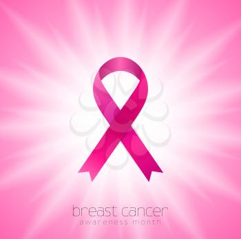 Breast cancer awareness month. Pink silk ribbon and white smooth beams vector background