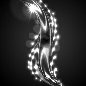 Glowing white silver wave on black background with lens flare. Vector shiny iridescent design