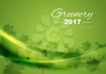 Color of the year 2017 Greenery abstract background. Vector waves and summer leaves graphic design