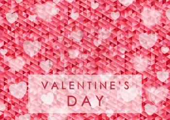 Valentine Day polygonal pixelated abstract background with blurred hearts. Vector graphic design