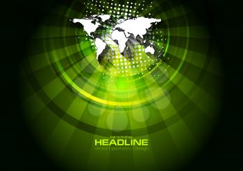Dark green technology background with world map, beams and grunge halftone elements. Vector design illustration