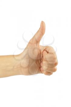 women hand make thumbs up isolated over white