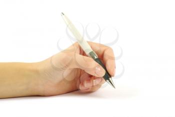 Closeup of a hand writing, on isolated on white background.
