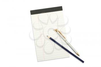 Notebook with pencil and pen isolated on white