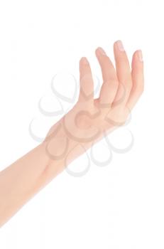 Empty open woman hand on white background