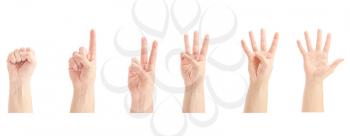 Counting man hands (0 to 5) isolated on white background