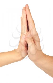 Two hands giving each other a High Five on white background
