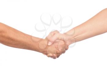 Closeup of people shaking hands isolated on white background