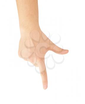 Hand pointing, touching or pressing isolated on white. Caucasian male.