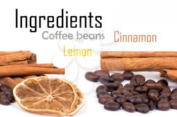 cinnamon, lemon and coffee beans isolated on white