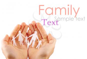 Paper family in hands isolated on white background