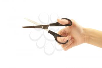 Scissors in hand isolated on white background