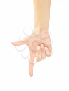 Hand pointing, touching or pressing isolated on white. Caucasian female.