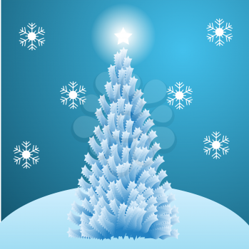 Royalty Free Clipart Image of an Abstract Christmas Tree With a Shining Star on a Snowflake Background