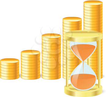 Royalty Free Clipart Image of Stacks of Coins and an Hourglass