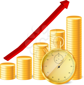 Royalty Free Clipart Image of a Stopwatch and Coins