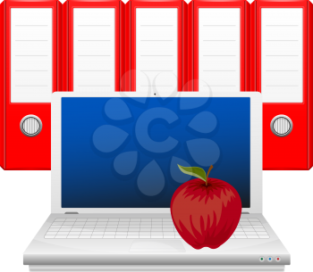 Laptop, red apple and binders.