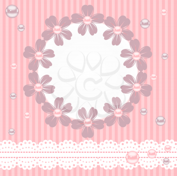 Pink card with pearls, lace and flowers