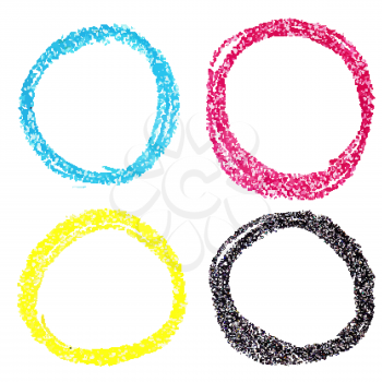 Set of CMYK circle spots of pastel crayon, isolated on white background