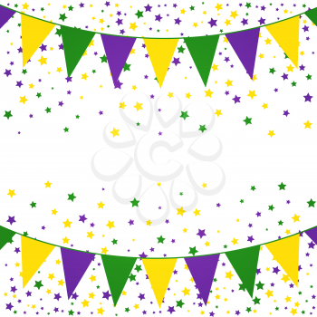 Mardi Gras bunting background with confetti stars.