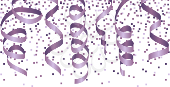 Party background with lilac streamers and confetti. Vector illustration