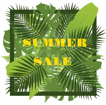 Tropical leaves background. Summer sale concept. Vector illustration